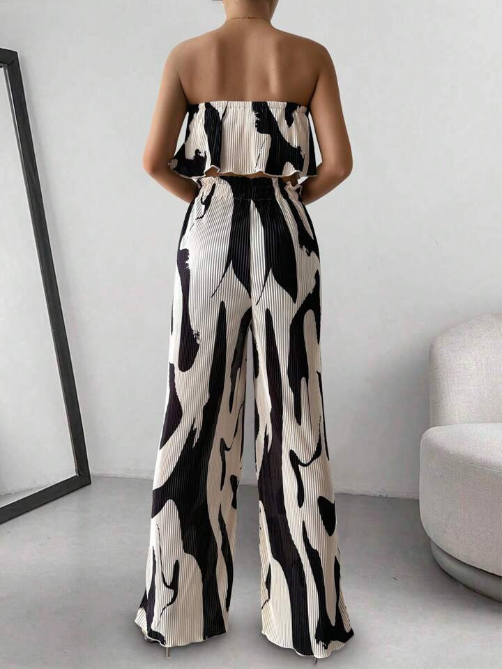 SHEIN Essnce Casual Summer Printed Pleated Sleeveless Top And Loose Wide Leg Pants Women's Two-Pi... | SHEIN