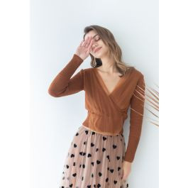 Mesh Overlay Long Sleeve Wrap Crop Knit Top in Caramel | Chicwish
