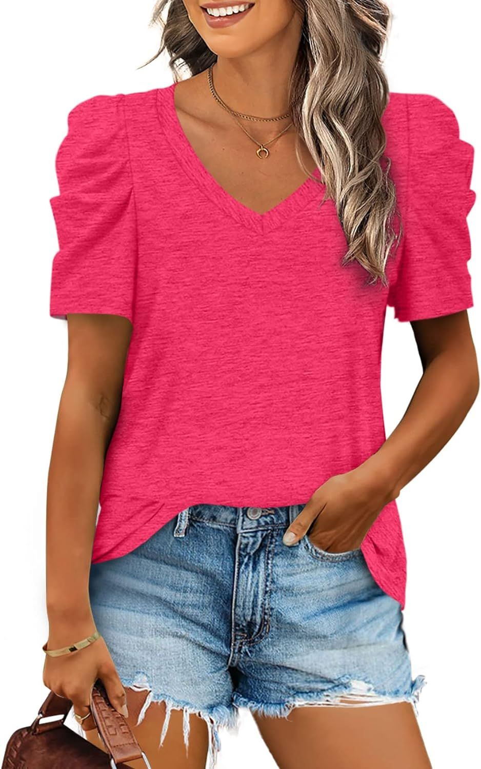 XIEERDUO Womens Summer Shirt V Neck Casual Tshirts Puff Sleeve Tops for Women Solid Color XS-3XL | Amazon (US)