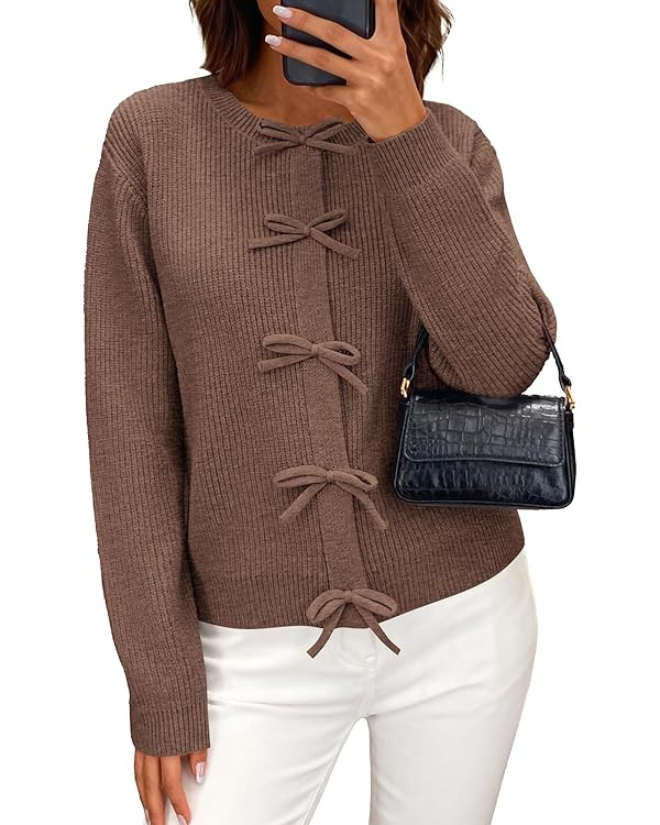 BTFBM Bow Cardigan Sweaters for Women Trendy 2025 Fall Winter Open Front Long Sleeve Button Down ... | Amazon (US)