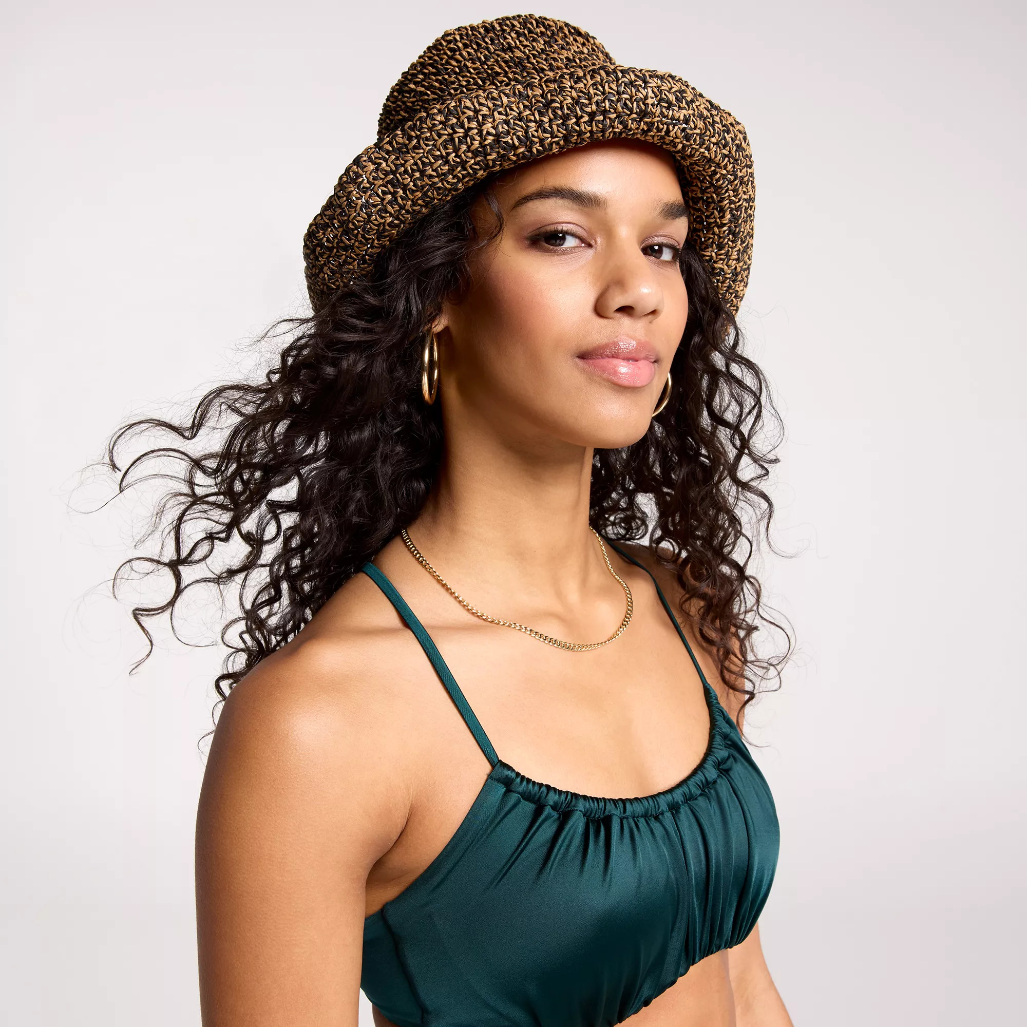 CALIA Women's Packable Straw Bucket Hat, Black/Tan | Going Going Gone