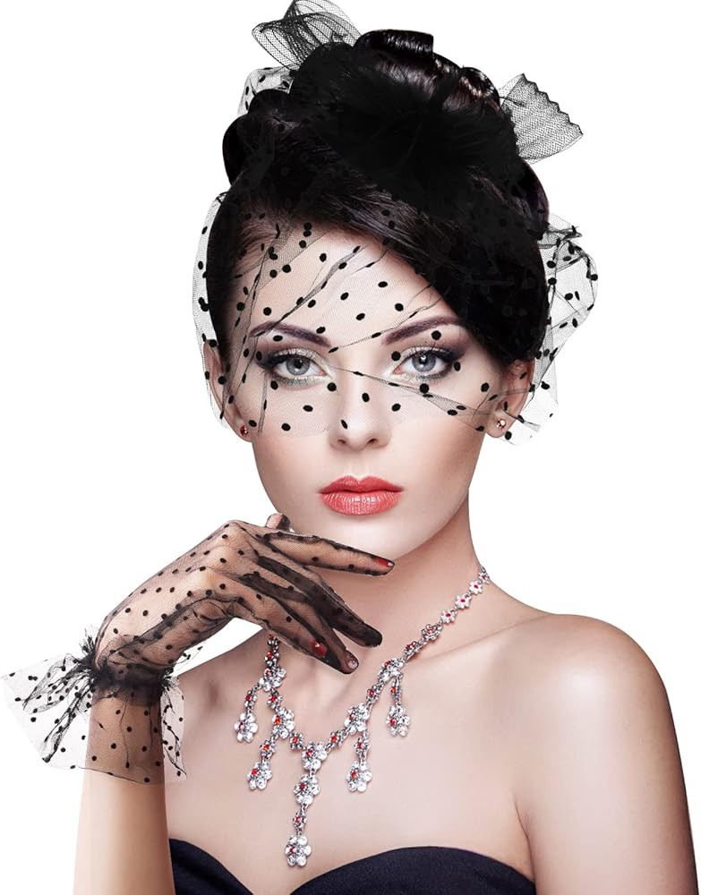 Yolev Fascinator Hat Short Lace Gloves Feather Veil Mesh Hat Black Lace Glove 50s Costume Accessorie | Amazon (US)