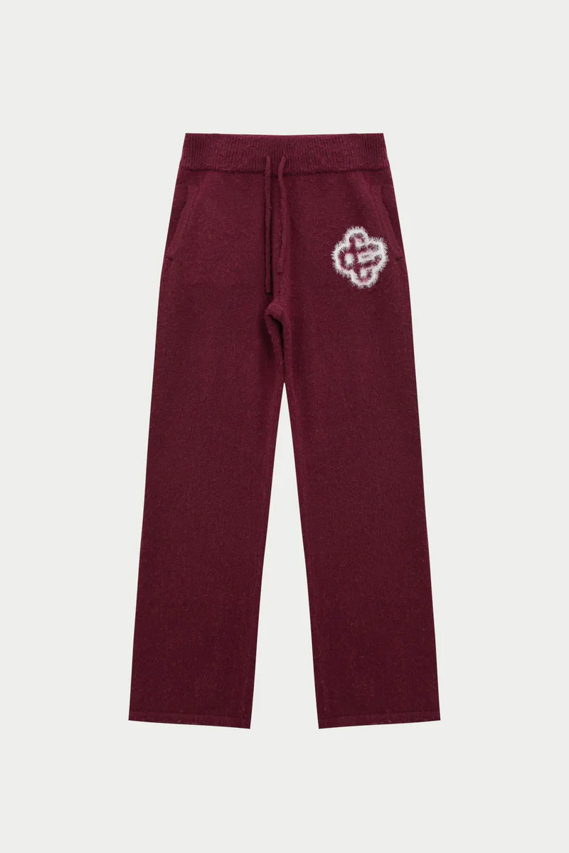 FLUFFY EMBLEM KNITTED JOGGERS - BURGUNDY | The Couture Club