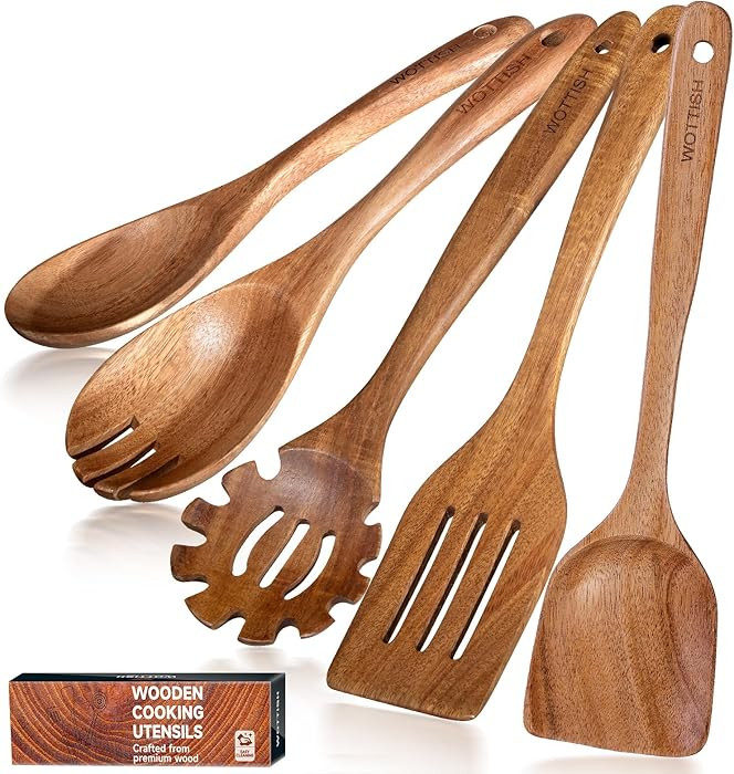 Wooden Spoons for Cooking - 5-Piece Wooden Kitchen Utensil Set made of Natural Solid Wood Materia... | Amazon (US)
