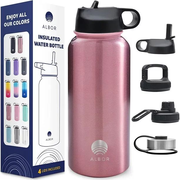 ALBOR Triple Insulated Water Bottle with Straw and 4 interchangeable lids Stainless Steel And Lea... | Walmart (US)