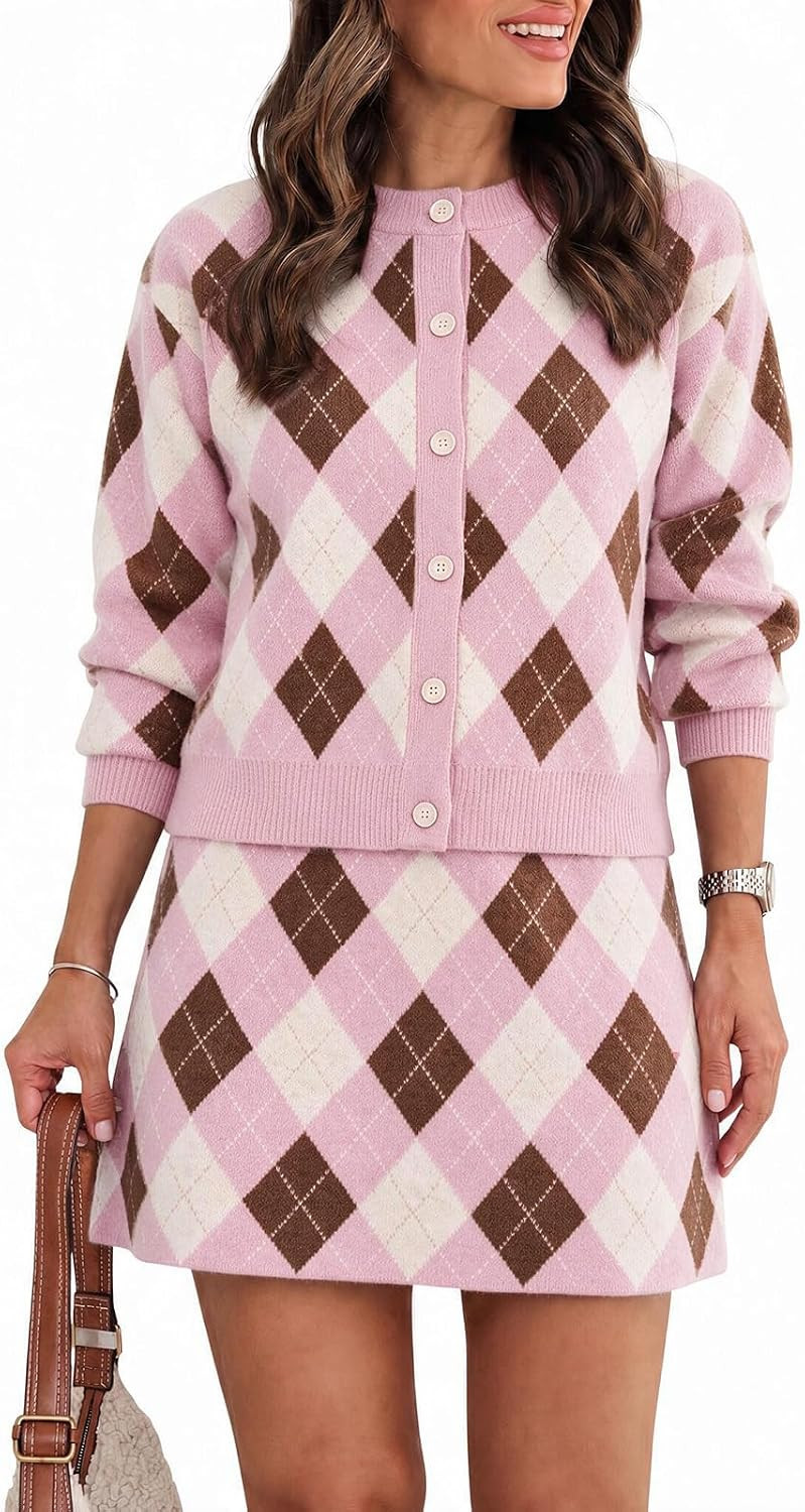Tankaneo Womens 2 Piece Sweater Skirt Set Argyle Plaid Matching Lounge Sets | Amazon (US)
