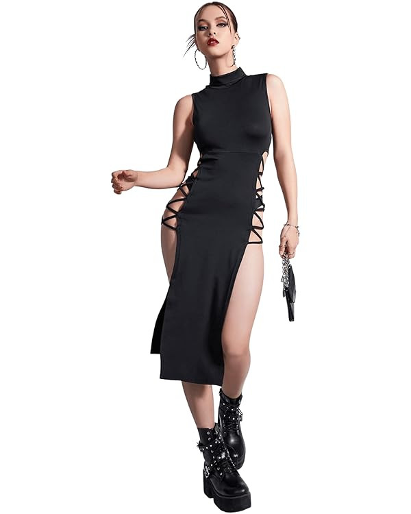 Verdusa Women's Crisscross High Split Mock Neck Sleeveless Midi Bodycon Dress | Amazon (US)