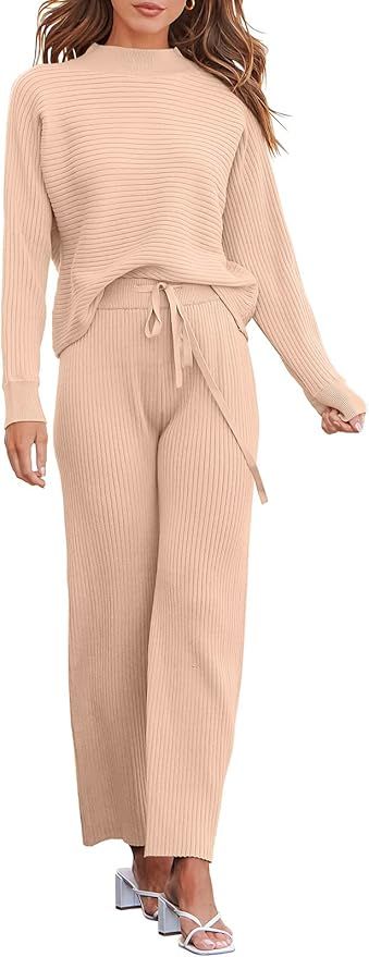 ANRABESS Women's Two Piece Outfits Batwing Long Sleeve Crop Top & Ribbed Knit Wide Leg Pants Loun... | Amazon (US)