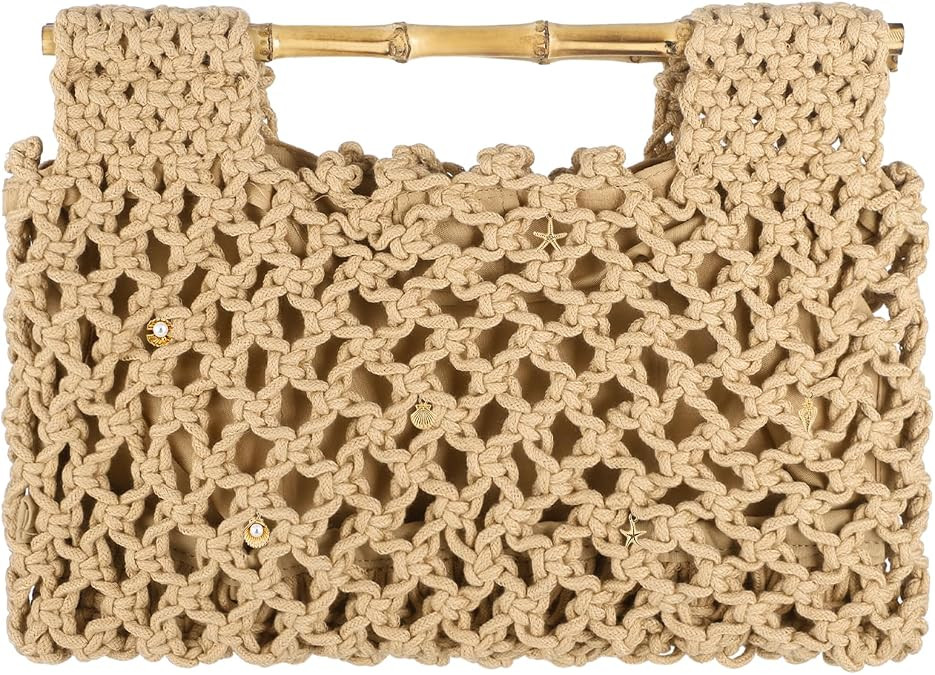 Crochet Beach Purse with Natural Wood Handle - 14.17 x 7.87 Inch Khaki Handbag for Women, Decorat... | Amazon (US)