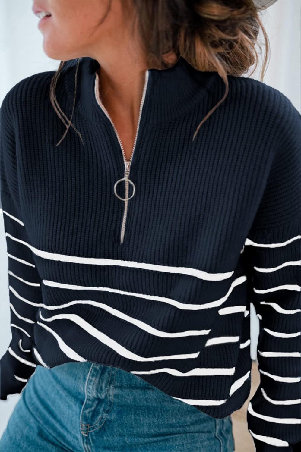 Amkoyam Women’s Striped Sweaters Long Sleeves Knitted Casual Pullovers Loose Fit Shirt Tops with But | Amazon (US)