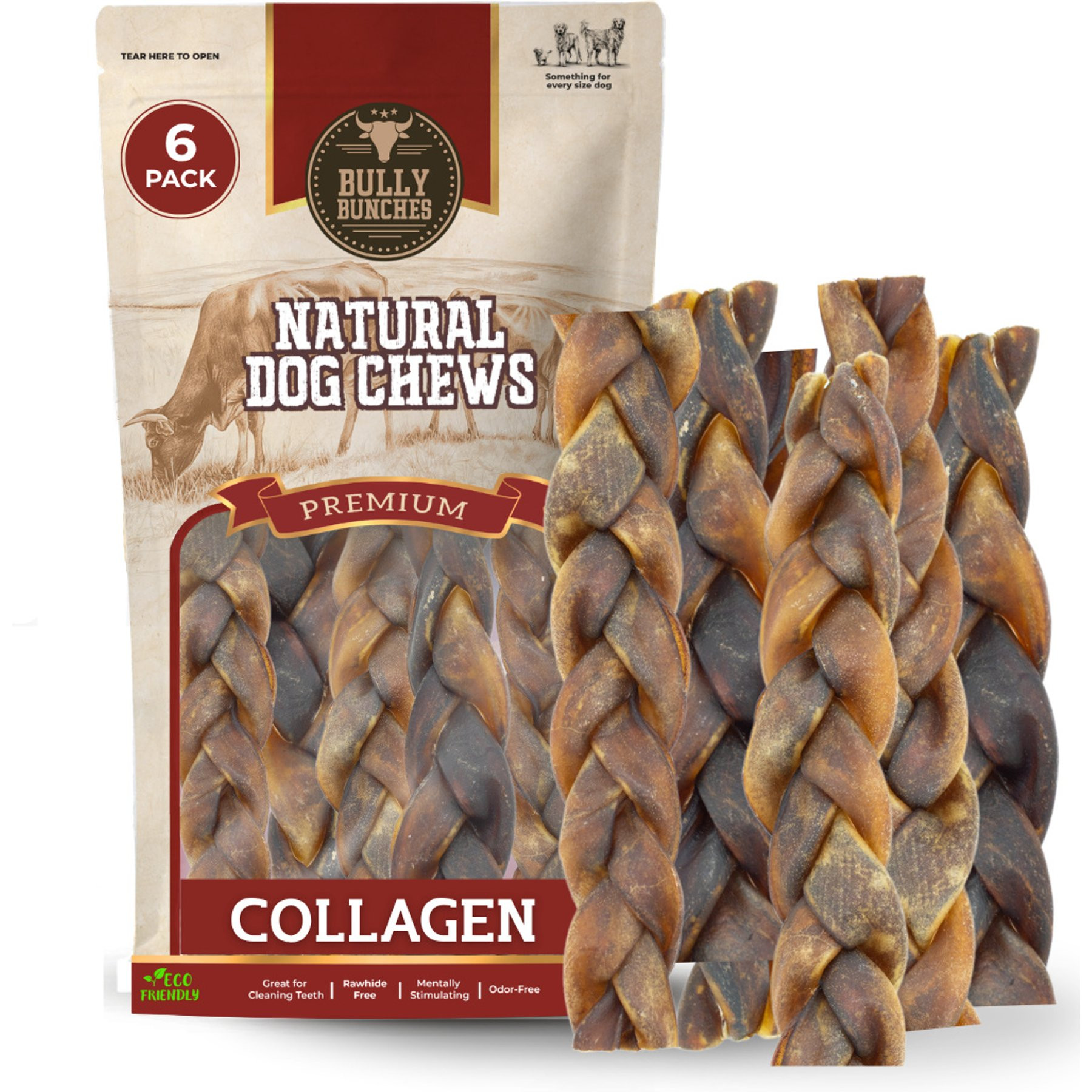 Bully Bunches 6-inch Braided Collagen Stick Natural Dog Chew, 6 count | Chewy