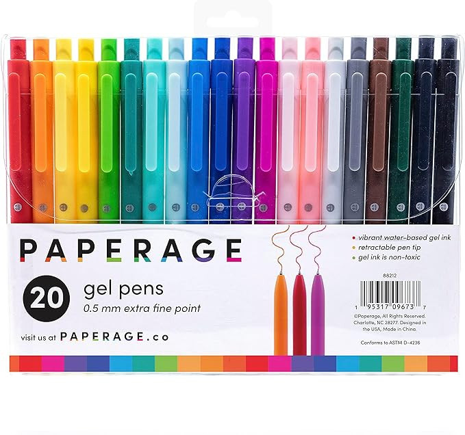 PAPERAGE Gel Pen With Retractable Extra Fine Point (0.5mm), 20 Pack, Colored Pens for Bullet Styl... | Amazon (US)