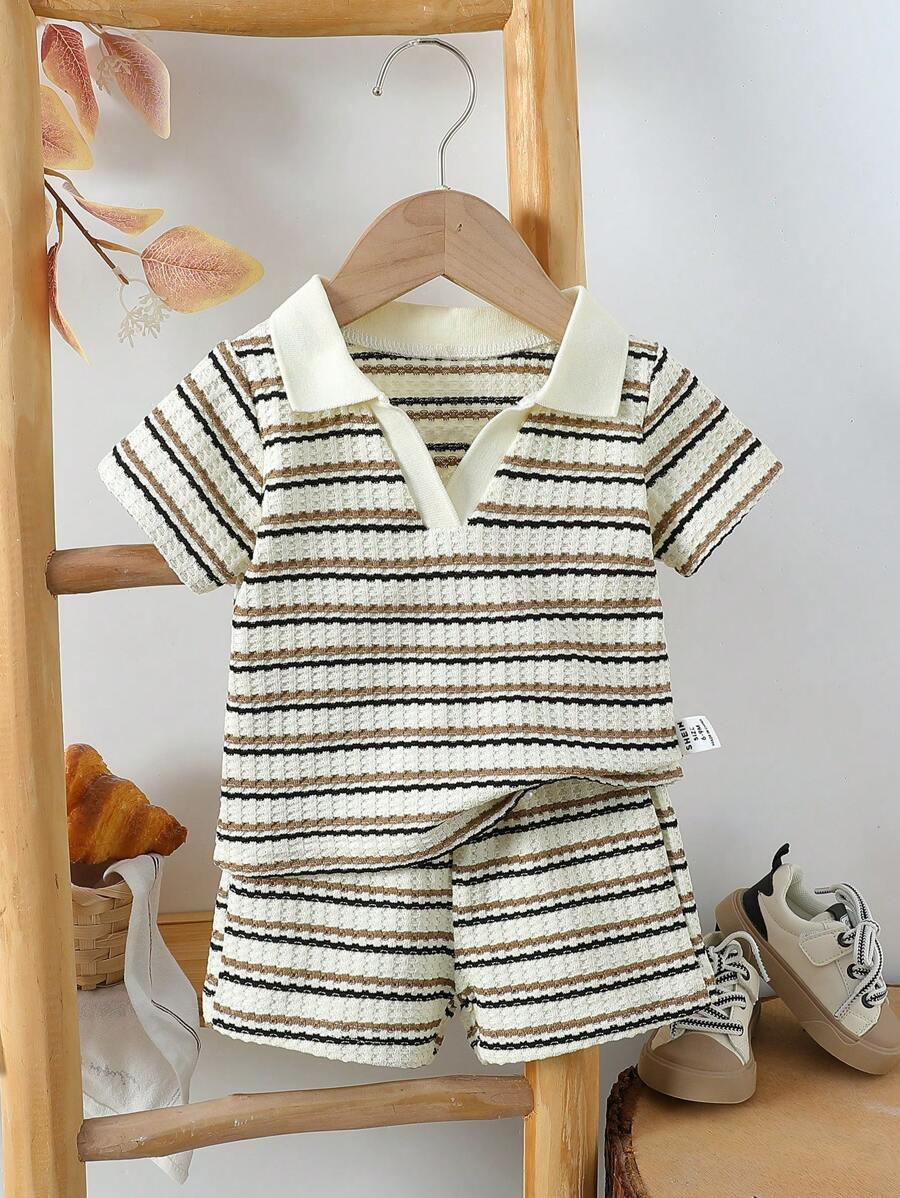 Vintaside Kids Baby Boy Summer Fashion Black & Khaki Striped V-Neck Short Sleeve Top Paired With ... | SHEIN