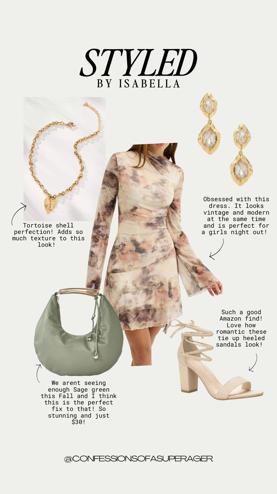 Romantic + modern ✨ This abstract mesh mini dress is giving vintage vibes in the chicest way—perfect for a fall girls’ night out outfit or even a special dinner date. I styled it with the prettiest Amazon lace-up heeled sandals under $40, a pop of sage green in this $30 shoulder bag, and statement gold jewelry that looks designer but at such a good price.

I love how this look feels elevated yet affordable—every piece is versatile enough to mix and match with your fall capsule wardrobe 🤍

#FallOutfitInspo #GirlsNightOutLook #FallWeddingGuestDress #AffordableStyle #AmazonFashionFinds #LTKFallStyle #NightOutOutfit #Over40Style #ChicAndAffordable #ConfessionsOfASuperAger 

 #LTKFallSale 

#LTKSeasonal #LTKItBag