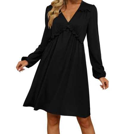 zuwimk Casual Dresses For Women Womens Sexy V Neck Long Baggy Sleeve Tie Waist Ruffle Hem Flowy Swin | Walmart (US)