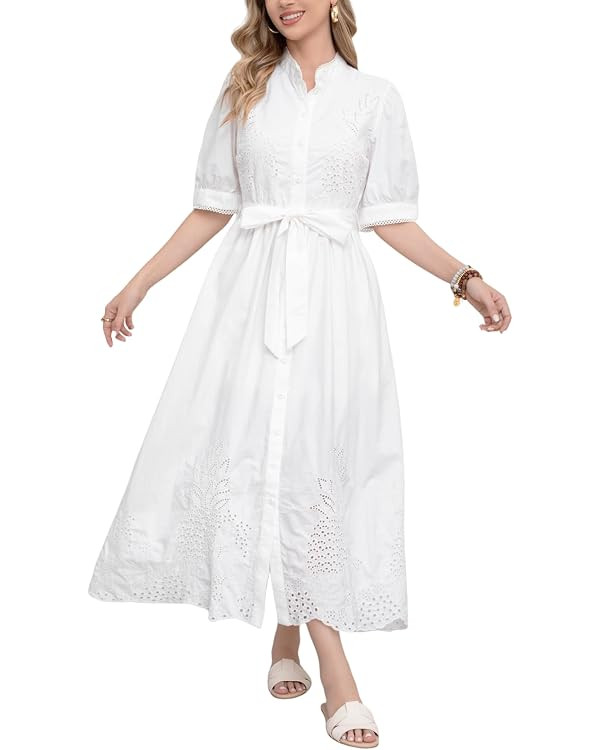 utcoco Women's Embroidered Eyelet Shirt Dresses Belted Puff Sleeve Button Down Swing Boho Cotton ... | Amazon (US)