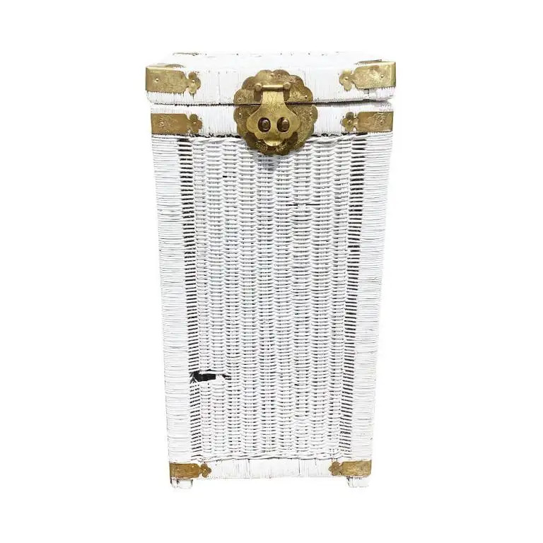 Tall White Chinoiserie Campaign Wicker Hamper Basket with Brass Fittings | 1stDibs