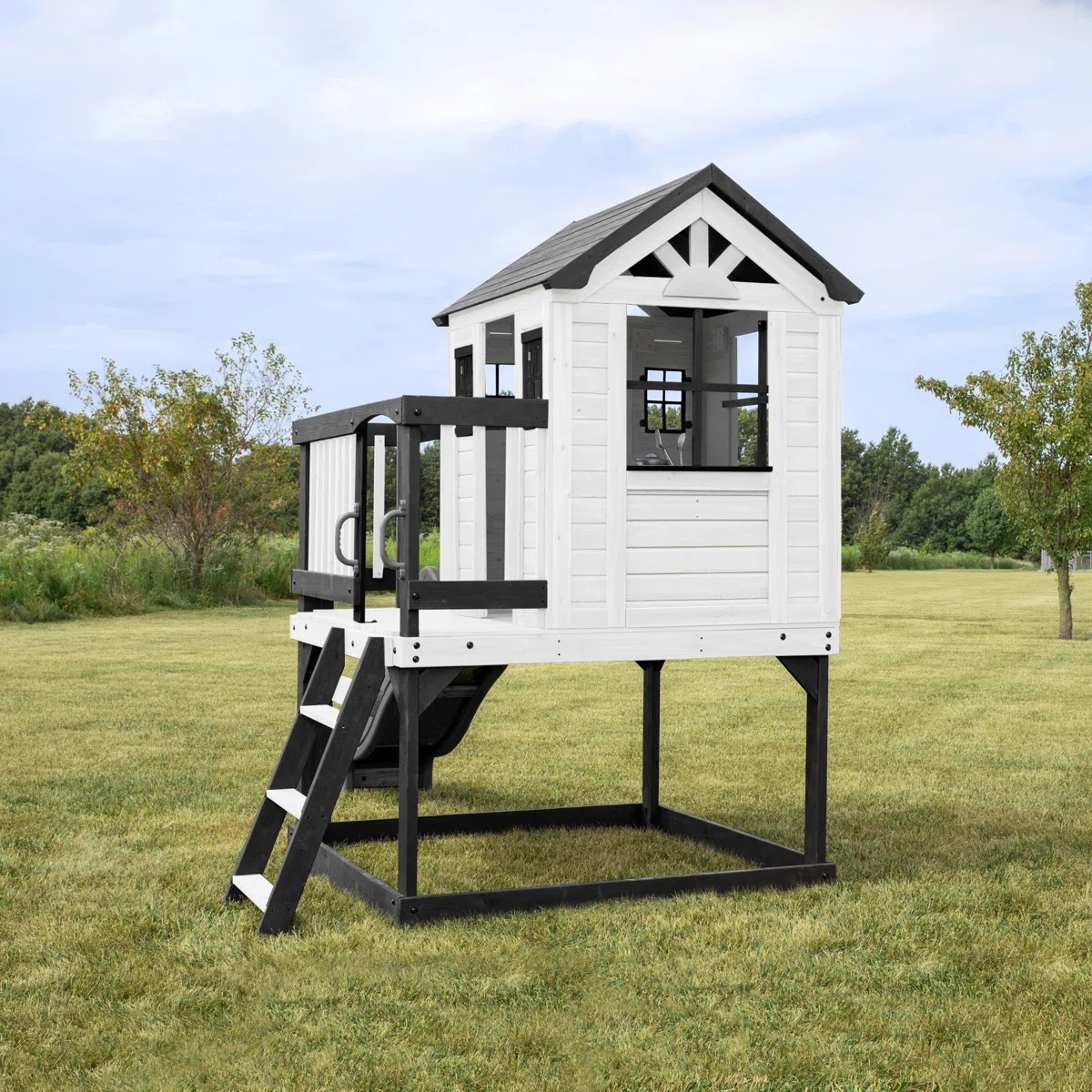 Backyard Discovery Sweetwater Heights White Cedar Wooden Elevated Kids Playhouse with Wave Slide,... | Wayfair North America