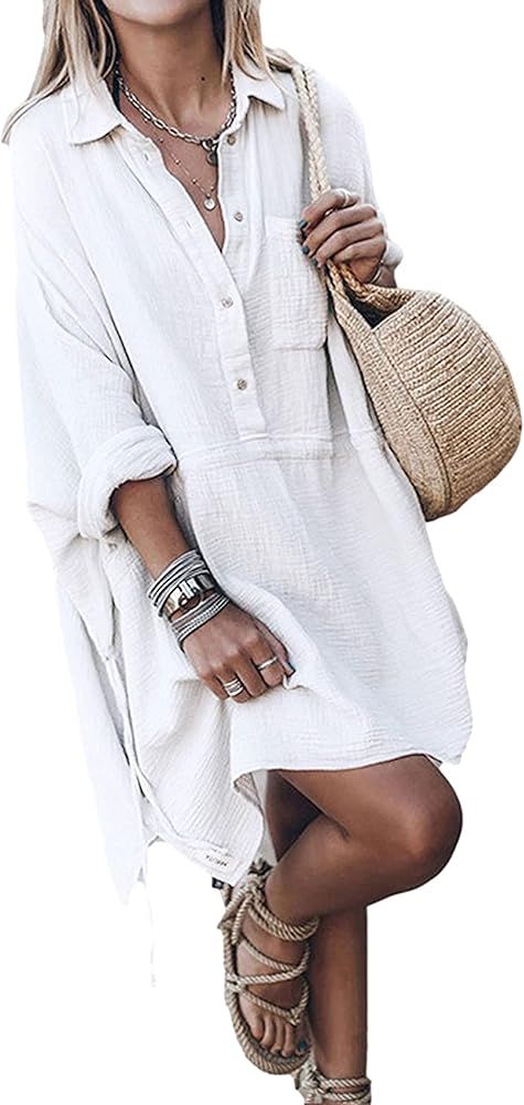 Tanming Women's Casual White Cotton Dress Shirt Oversized Drawstring Blouse Cover Up | Amazon (US)
