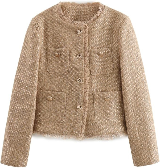 hathne Women's Tweed Blazers Jackets Casual Long Sleeve Button Down Cropped Jacket Coat Tops with... | Amazon (US)