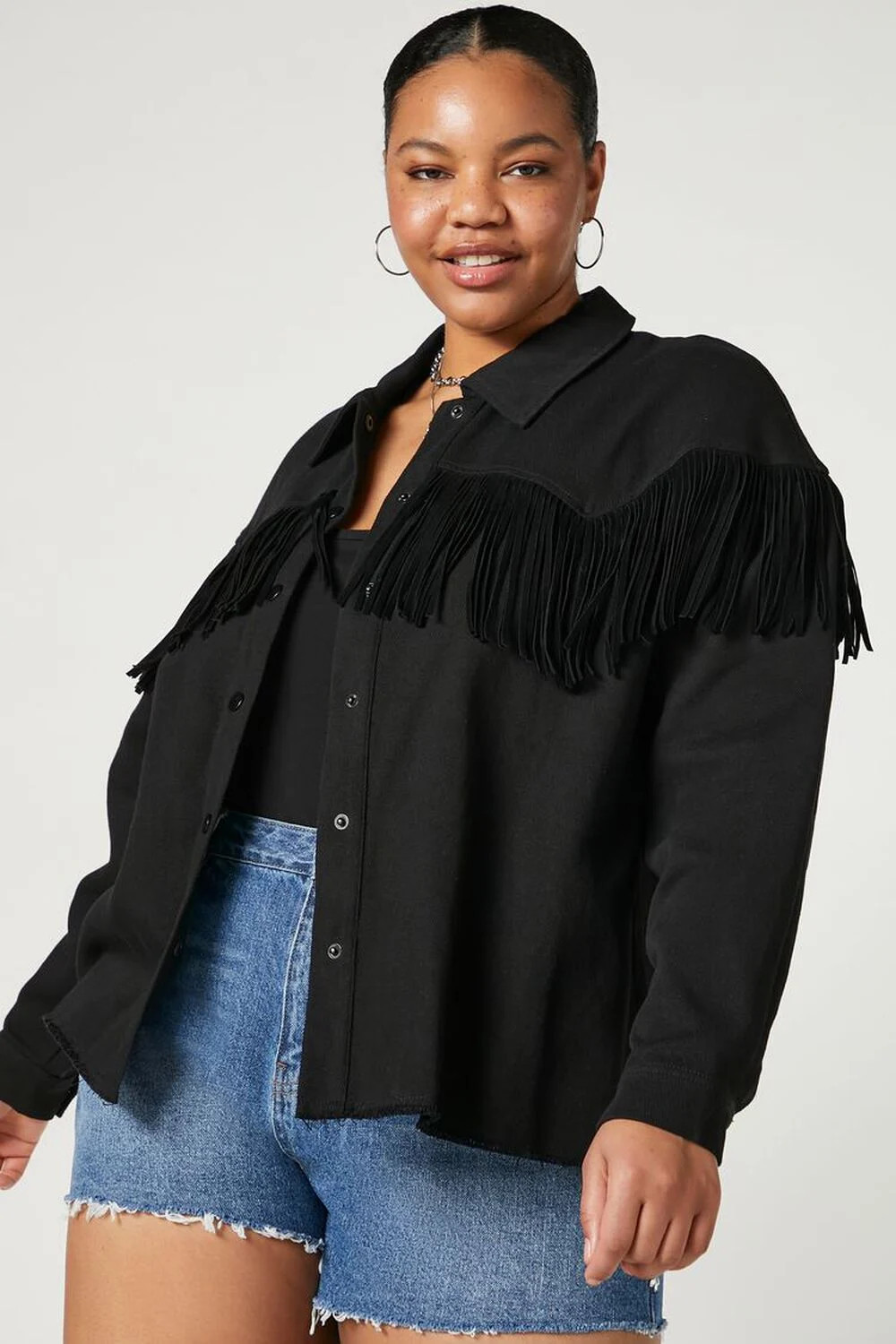Plus Size Denim Fringe-Trim Shacket | Forever 21 (US)
