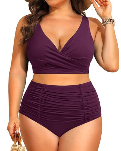 Holipick Two Piece Plus Size Swimsuits for Women High Waisted Bikini Tummy Control Bathing Suits Twist Front Swimwear Purple | Amazon (US)