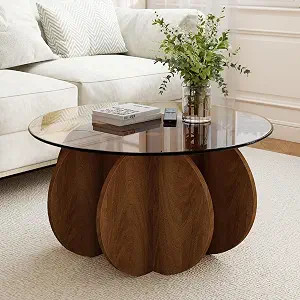 Round MDF Frame Coffee Table with Amber Tempered Glass Top | Mortise & Tenon Structure, Screw-Fre... | Amazon (US)