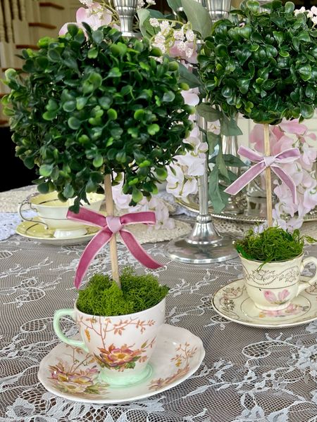 Faux boxwood topiary, tea party decor, chinoiserie, grandmillennial decor, bridal shower decor, bone China 

#LTKhome #LTKwedding #LTKunder100