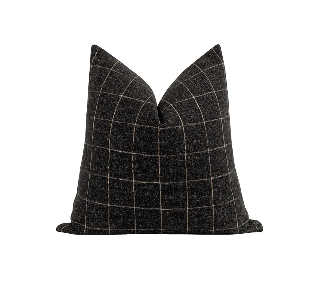 DOUBLE SIDED Plaid Pillow, Charcoal Gray Woven Pillow Cover, Dark Gray Tan Window Pane Pillow Cov... | Etsy (US)