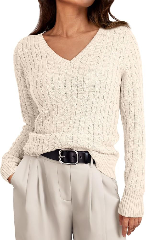 LILLUSORY Women's Cable Knit V Neck Lightweight Soft Pullover Sweaters | Amazon (US)