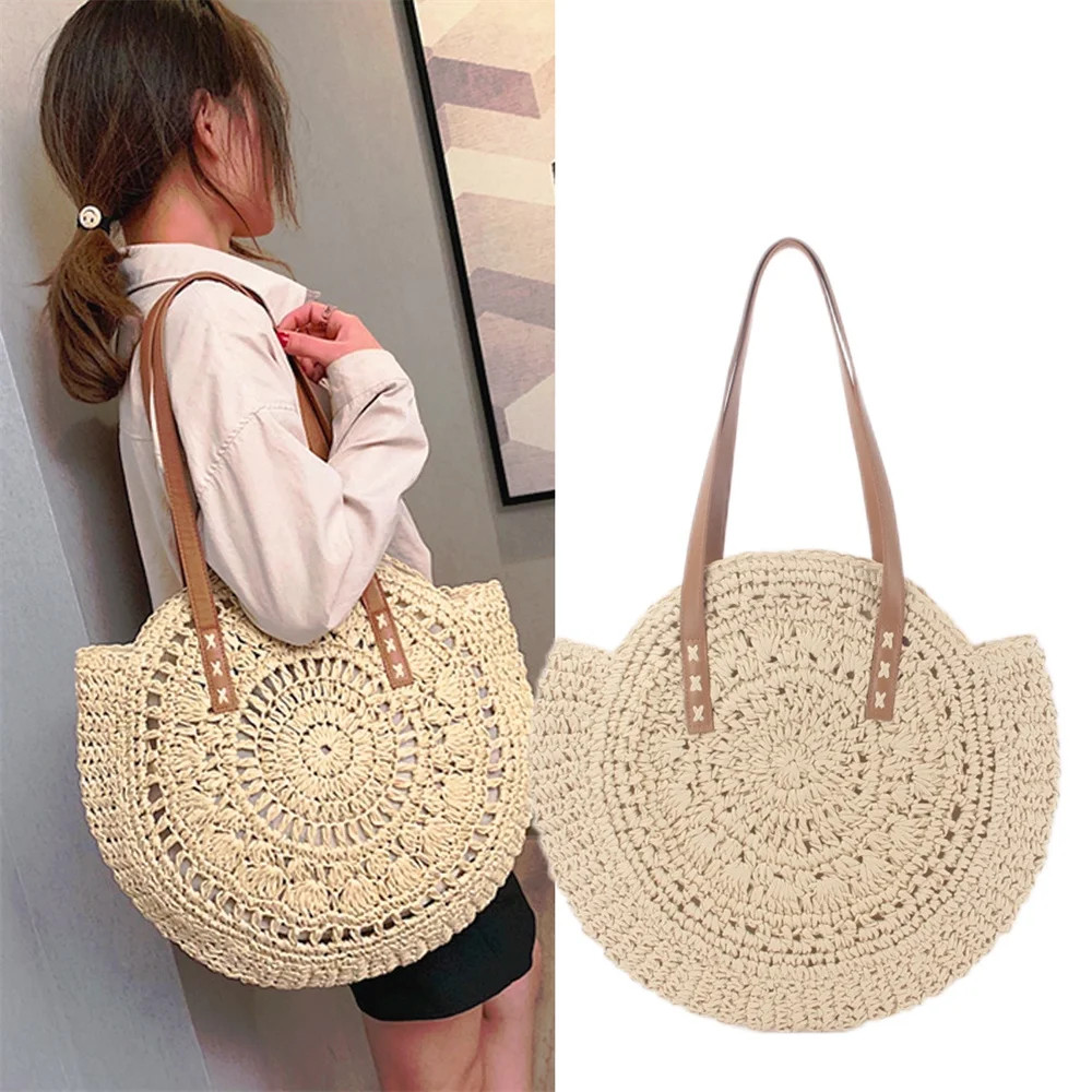 Women Round Straw Bag Rattan Woven Shoulder Bag Wicker Simple Portable Beach Tote-B | Walmart (US)