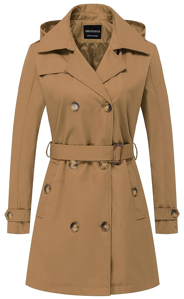 CREATMO US Women's Trench Coat Double-Breasted Classic Lapel Overcoat Belted Slim Outerwear Coat ... | Amazon (US)