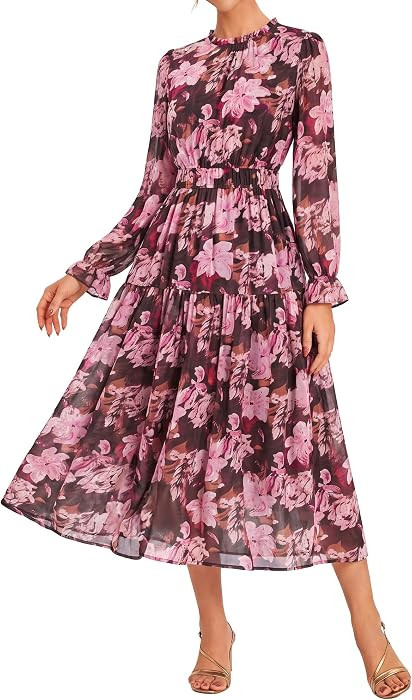GRACE KARIN Women's Fall Wedding Guest Dresses 2026 Floral Long Sleeve Chiffon Maxi Dress Flowy B... | Amazon (US)