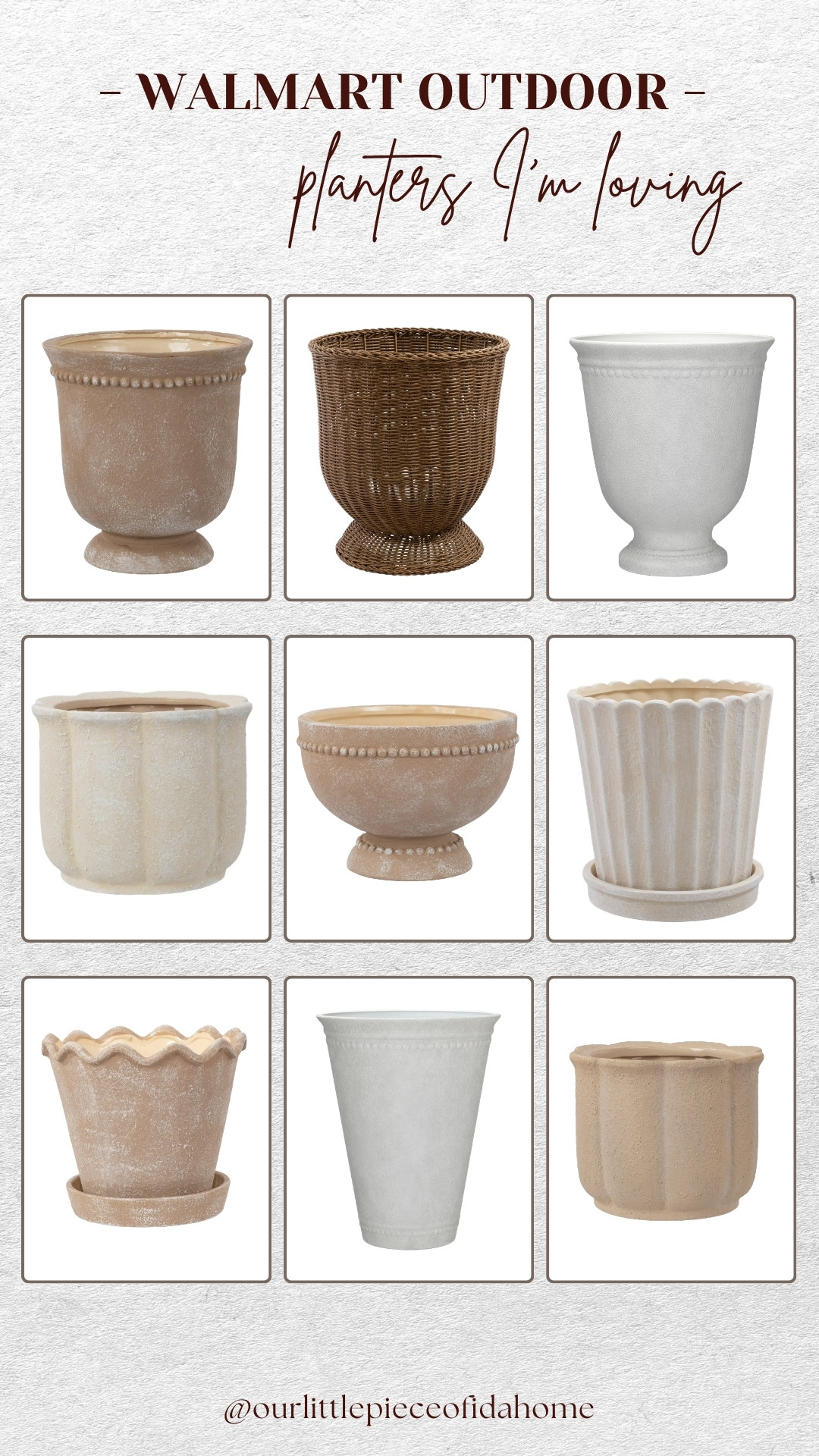 I’ve been looking for outdoor planters that feel timeless and textured, and these Walmart finds are so good for the price.

I love the soft neutral tones, pedestal shapes, and vintage-inspired details. They’re perfect for layering around a front porch, patio, or outdoor entry for a more collected look. Everything is linked here.
@Walmart
 

 #LTKU #LTKHome #LTKSaleAlert