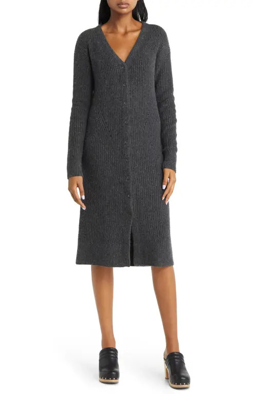 caslon(r) Rib Front Button Long Sleeve Sweater Dress in Grey Dark Charcoal Heather at Nordstrom, Siz | Nordstrom