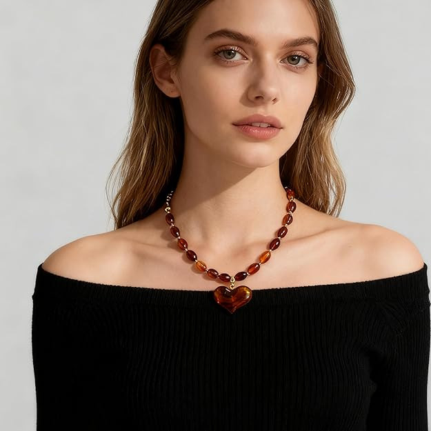 Amber Acrylic Chunky Heart Penadnt Necklace for Women Exaggerated Statement Puff Heart Choker Nec... | Amazon (US)