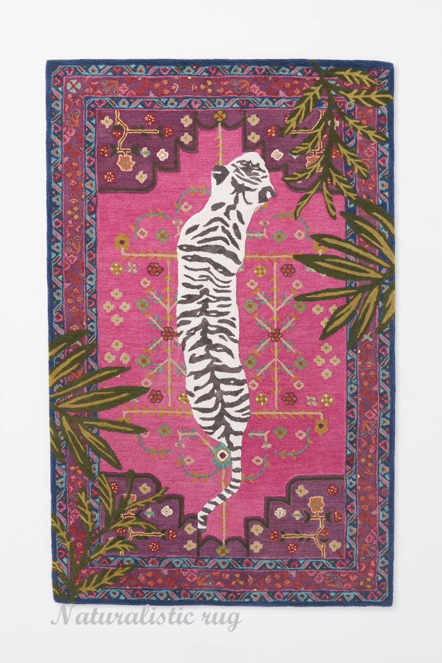 Bengal Tiger Animal Print Wool Area Rug Handmade Featuring Symmetrical Palm Leaves Design - Ideal... | Amazon (US)