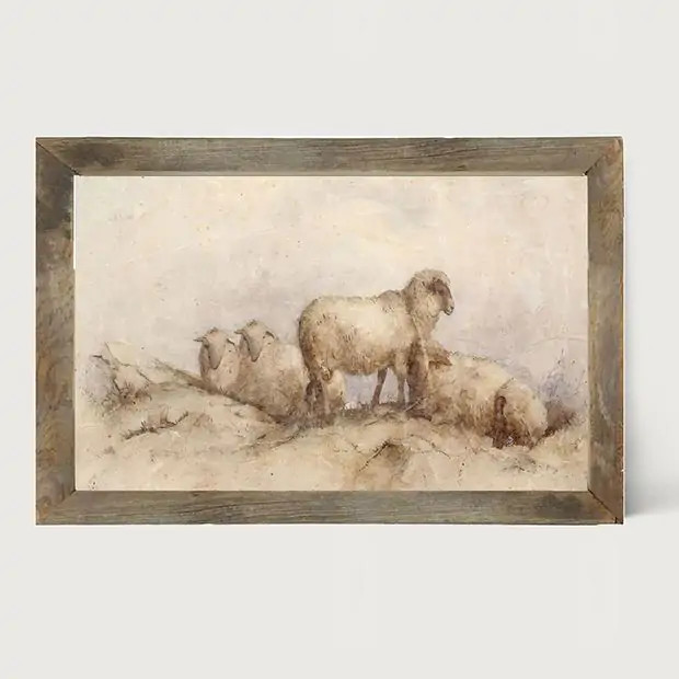 Rustic Framed Peaceful Sheep Horizontal Wall Art | Antique Farm House