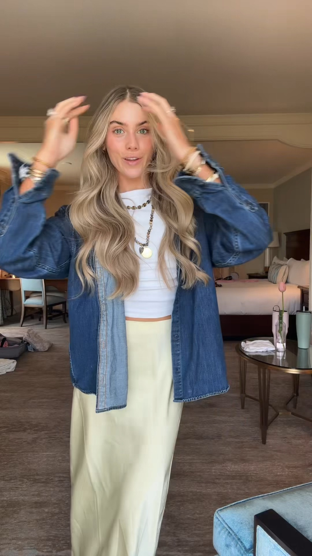 My outfit to get lunch in Salt Lake City, Utah! I am wearing my cuts tomboy tee (code SLOANEV) and my @petalandpup yellow skirt size XS Make a statement with the Alira Lace Trim Midi Skirt in a Yellow. This high-waisted slip skirt combines effortless elegance and comfort, making it an essential piece for your wardrobe. My denim oversized shirt is @abercrombie and my shoes are shu shop. With some layered chunky jewelry @abercrombie 

#LTKTravel #LTKgrwm #LTKootd