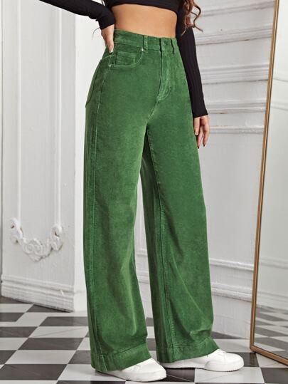 High Waist Slant Pocket Cord Pants | SHEIN