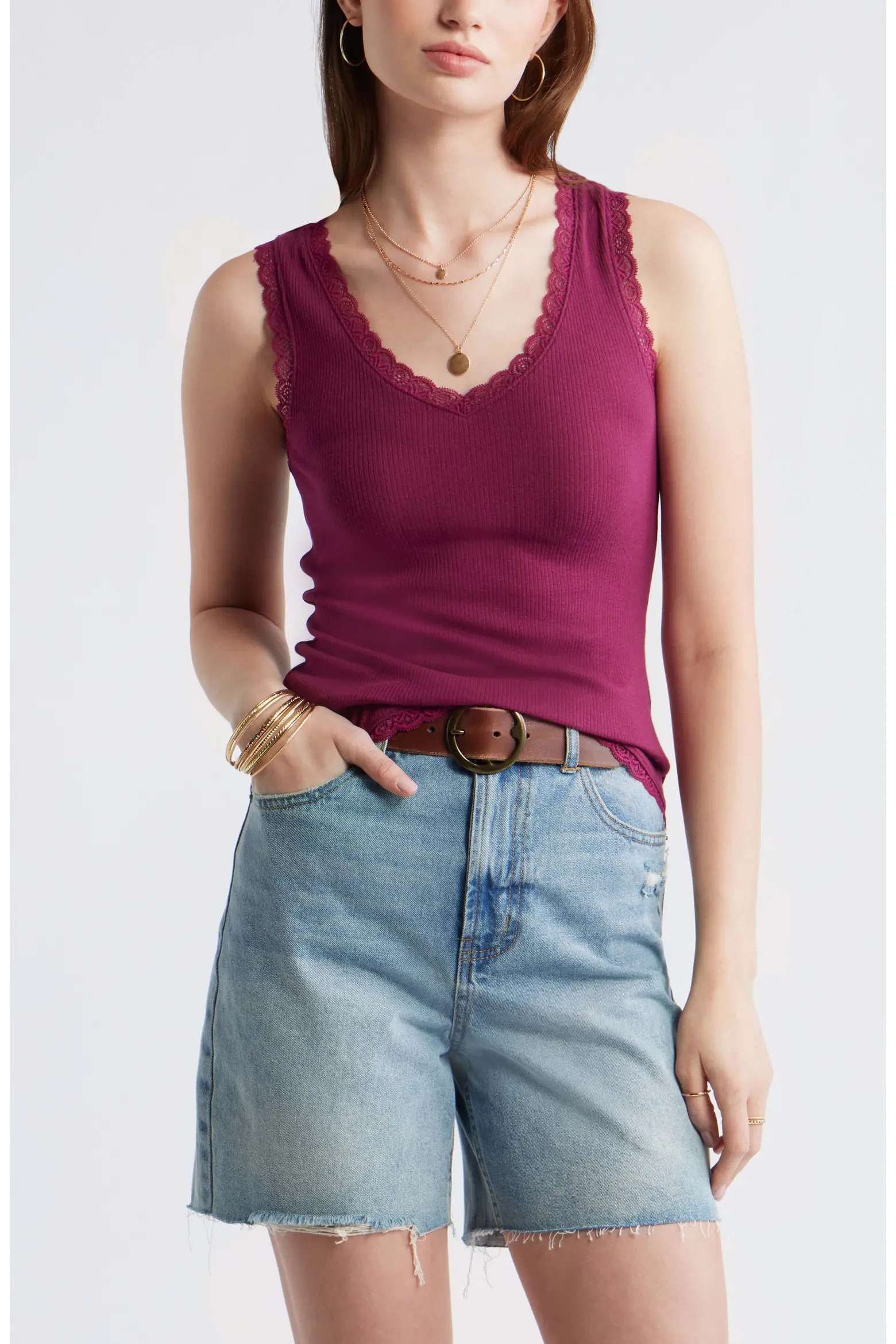 Pointelle Lace Trim Cotton Blend V-Neck Tank (Women) | Nordstrom | Nordstrom