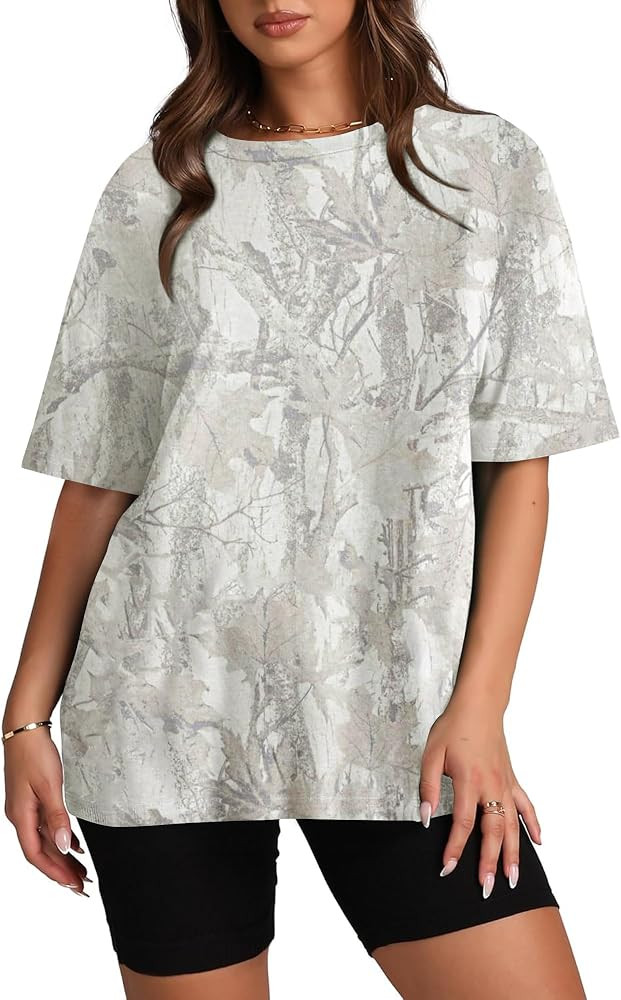 TERIVEEK Camo Shirt Women Mens Oversized Camouflage Print Graphic Tees Maple Leaf Short Sleeve Cr... | Amazon (US)