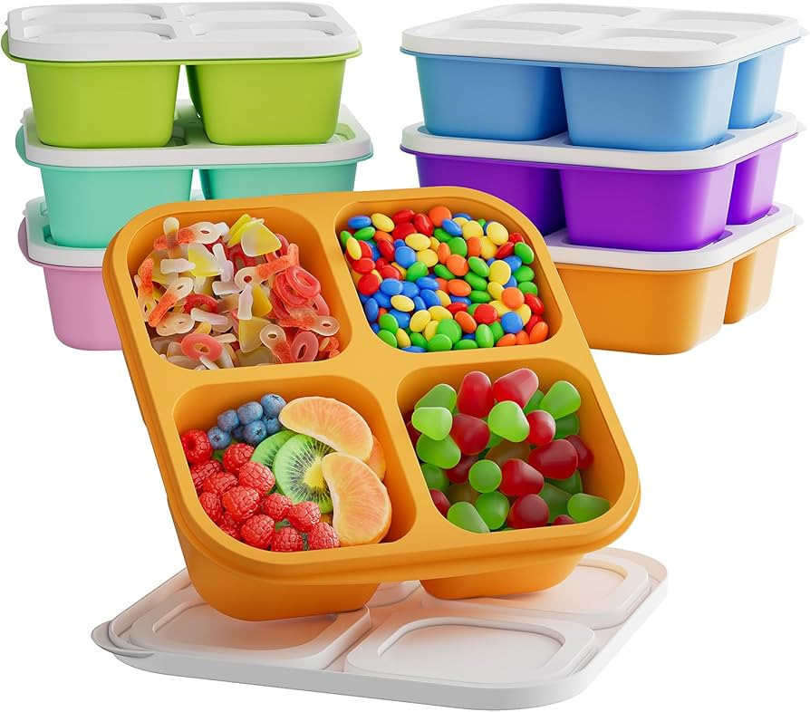 6 Pcs Bento Snack Containers, Reusable 4 Compartment Food Storage Container with Lids, Divided Lu... | Amazon (US)