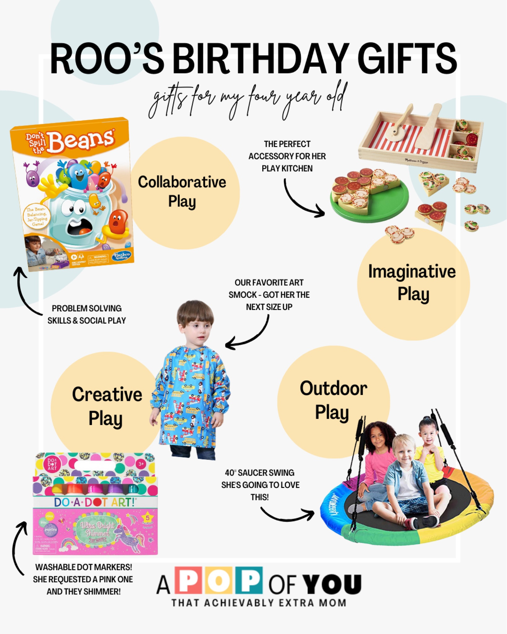 What I got Roo for her FOURTH BIRTHDAY! 🎉

I focused on collaborative, imaginative, creative, and outdoor play when picking her gifts! 

1. She’s going to love the Don’t Spill the Beans game and Jimmy and I can’t wait to play it with her. 

2. The Melissa and Doug pizza toy is perfect for imaginative play and we already have a place to store it with her other play food! 👏🏼

3. I checked off creative play with the next size up in our favorite art smock and a new set of dot markers. She requested a pink one!

4. And I can’t wait to see her face when she sees this new saucer swing! Anything to encourage her to spend as much time outside as possible!

#LTKfamily #LTKGiftGuide #LTKkids