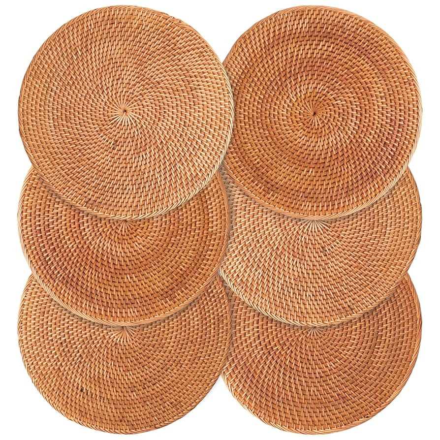 6-Pack Rattan Placemats - 13-inch Round Placemats (Honey Brown) - Woven Place Mats, Round Table M... | Amazon (US)
