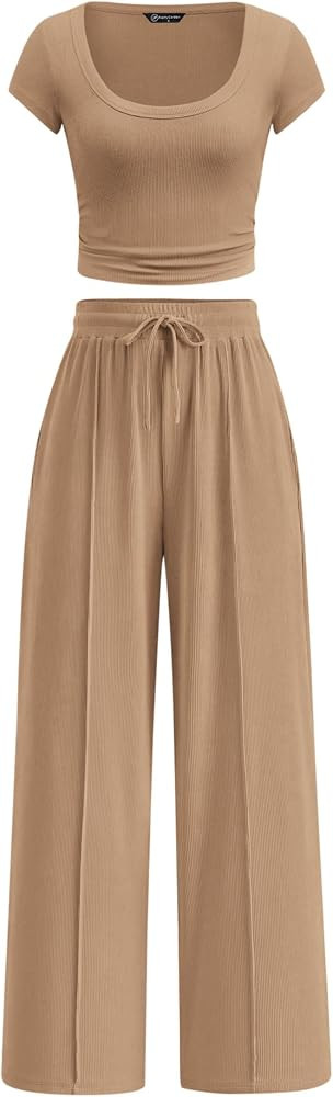 PRETTYGARDEN Women's Summer 2 Piece Matching Lounge Sets Short Sleeve Crop Tops Wide Leg Pants 20... | Amazon (US)