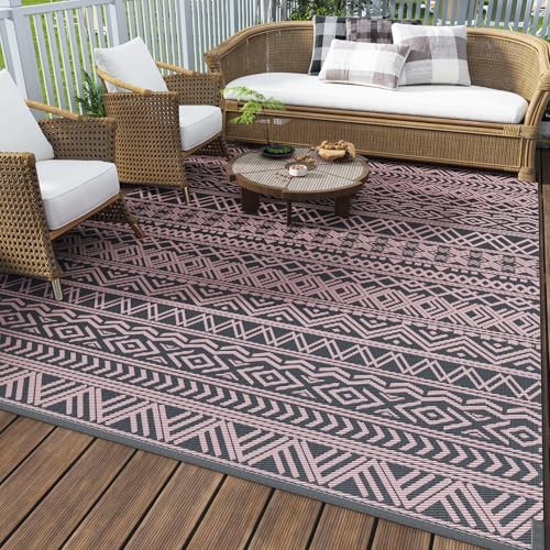 MontVoo Outdoor Rug 8x10 Waterproof Outdoor Patio Rug Mat Reverisble Plastic Straw Outdoor Rug for RV Camping Picnic Beach Balcony Boho Pink Grey | Amazon (US)