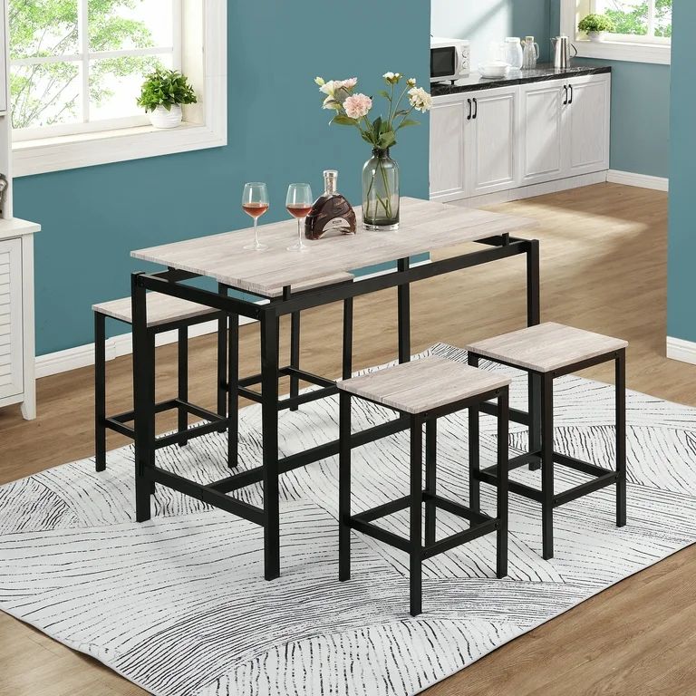 Euroco 5-Piece Dining Set Wood and Metal Pub Table with 4 Bar Stools, Beige | Walmart (US)
