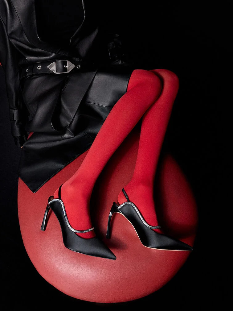 Recycled Polyester Crystal-Embellished Pointed-Toe Slingback Pumps
    
         - Black Textured | Charles & Keith EU