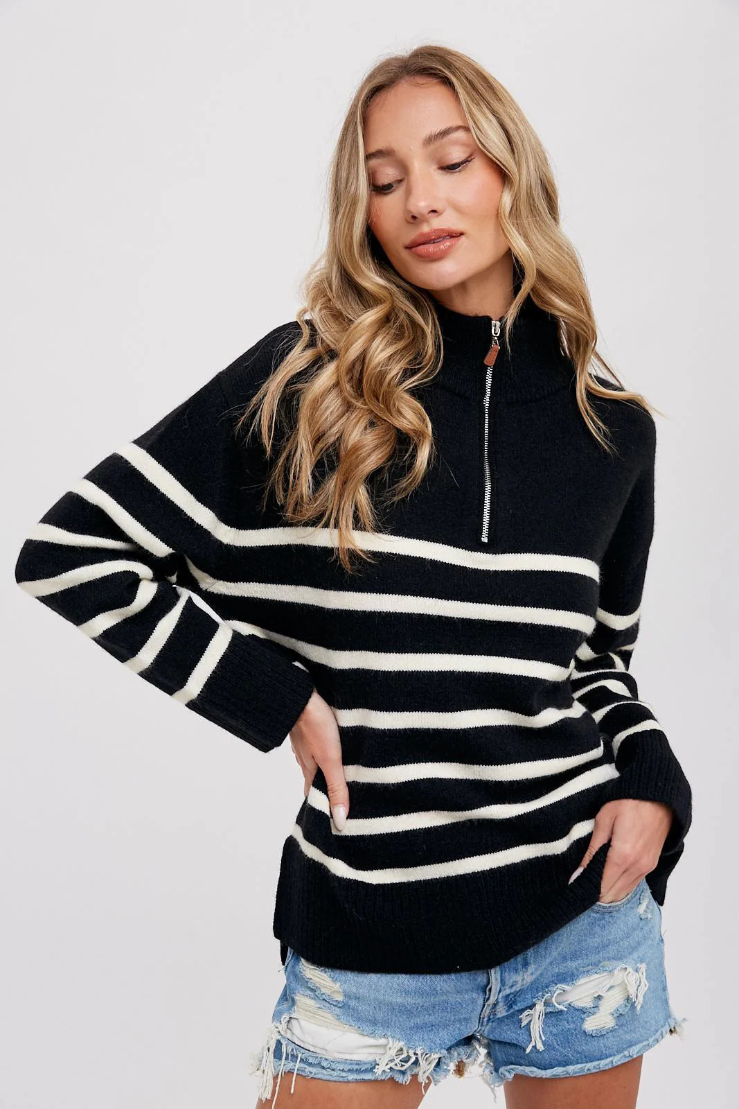 Black Striped Half Zip Sweater | PinkBlush Maternity